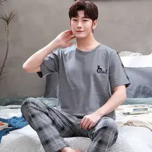 

Casual Men Pajamas Set 2022 Short Sleeve Plaid Trousers Homewear Cat Letter Printing Boy Two-Piece Suit Loose O Neck Nightgown