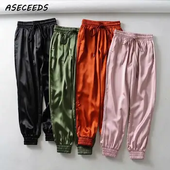 

2020 Kawaii pink high waist joggers women loose black satin pants korean fashion sweat pants streetwear trousers women hip hop