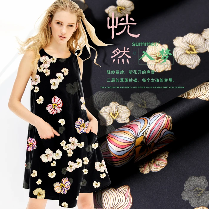 Печатный Шелковый тянущийся Атлас 118 см Ширина 19 momme/Чистая шелковая ткань «Mulberry» для черных платьев с цветочным шитьем вечерние платья