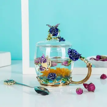 

Beauty And Novelty Enamel Coffee Cup Mug Flower Tea Glass Cups for Hot and Cold Drinks Tea Cup Spoon Set Perfect Wedding Gift