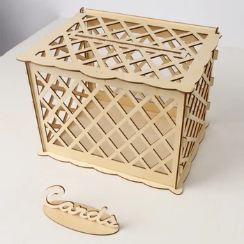 

Wooden Wedding Supplies DIY Diamond Pattern Put Business Card Box Large Hollow Design DIY Wedding Card Box With Lock plywood