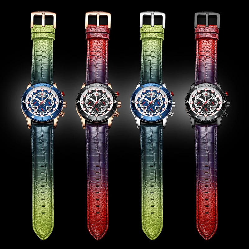REWARD Fashion Men's Quartz Wristwatch Sport Waterpoof Genuine Leather Alloy Watches Chronograph Luminous Man Wrist Watches