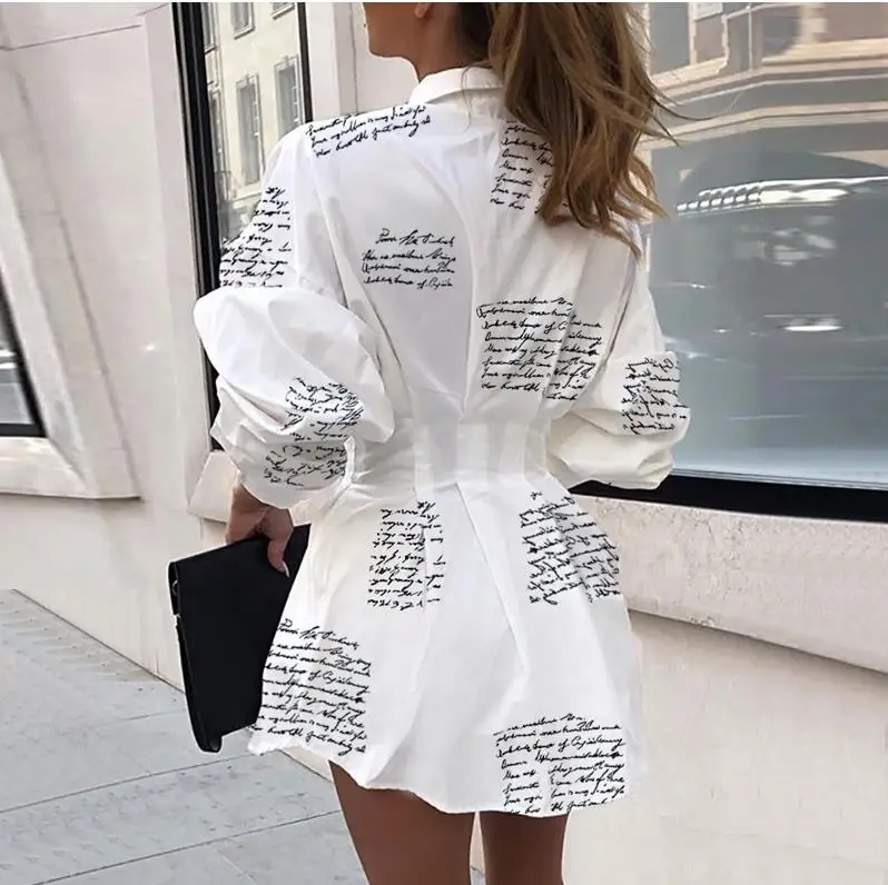  2019 Office Lady Turn-Down Collar Blouse Shirt Dress Women Autumn Long Sleeve Print Mini Dress Eleg