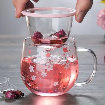 

300ml Japanese Glass Cup With Tea Infuser Filter&Lid Cherry Blossoms Flower Teacup Transparent Heat Resistant Drinking Glasses