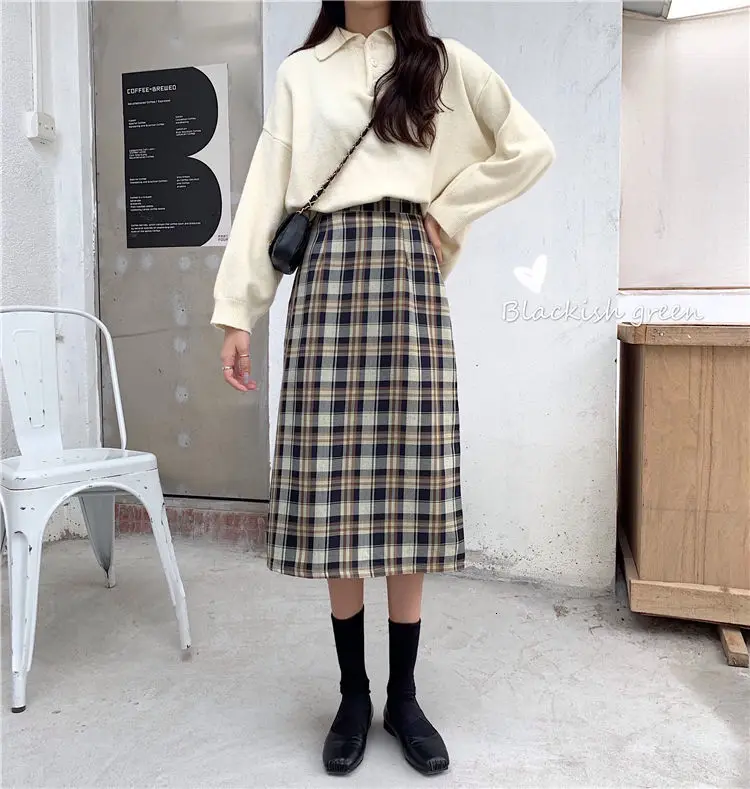 Женская длинная клетчатая юбка Демисезонный Harajuku трапециевидной формы шикарная юбка модные Высокая Талия Винтаж решетки Kawaii юбка saia faldas