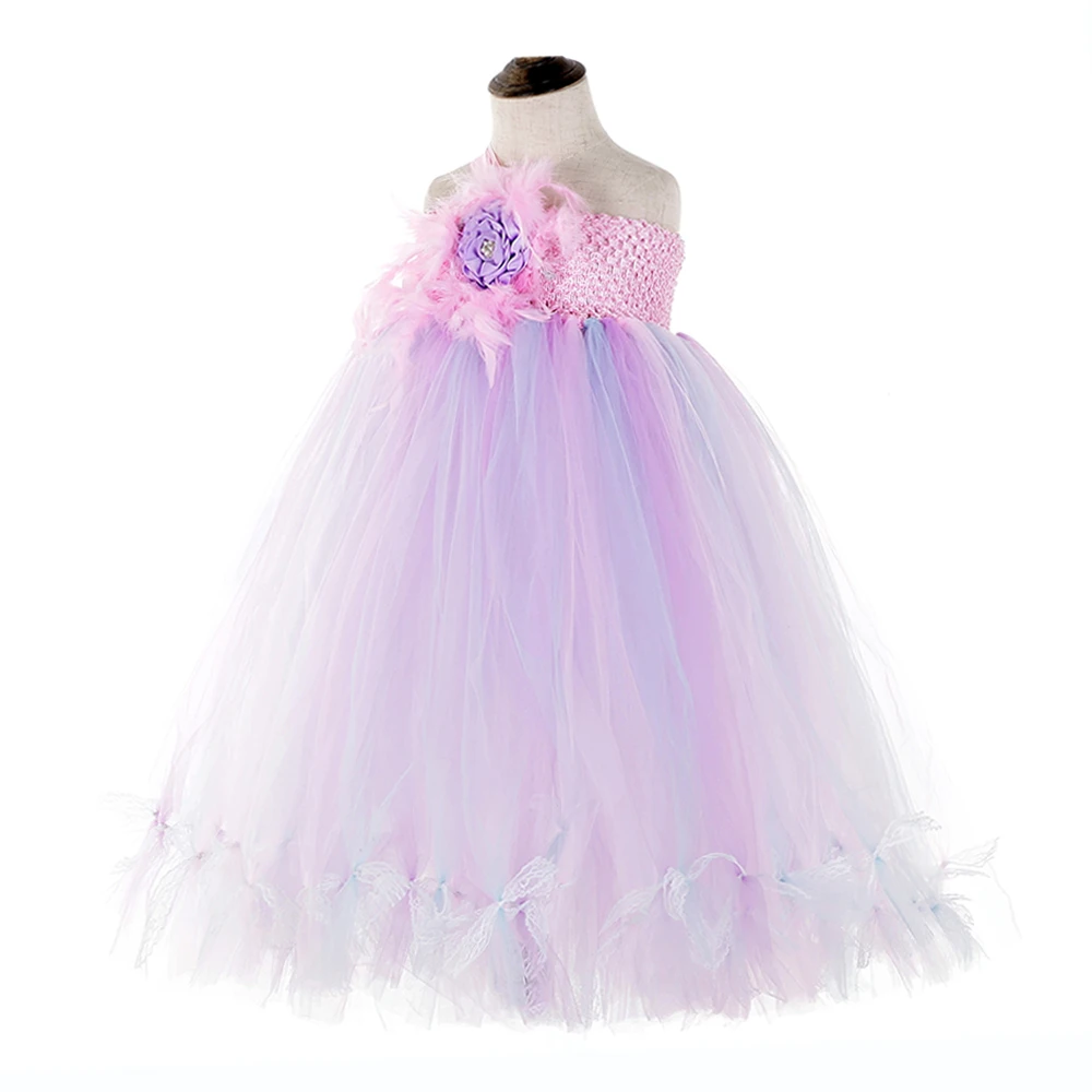 Princess Girls Feather Unicorn Birthday Dress Lace Sleeveless Long Evening Dress with Lace Bowknot Kids Clothes Girls 8 to 12 14 (4)