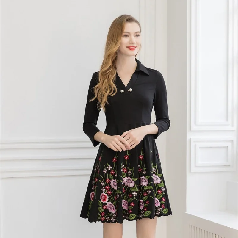 Новое цветочное винтажное платье-рубашка xxxl pring Вышивка женское офисное платье размера плюс Повседневные платья а-силуэта