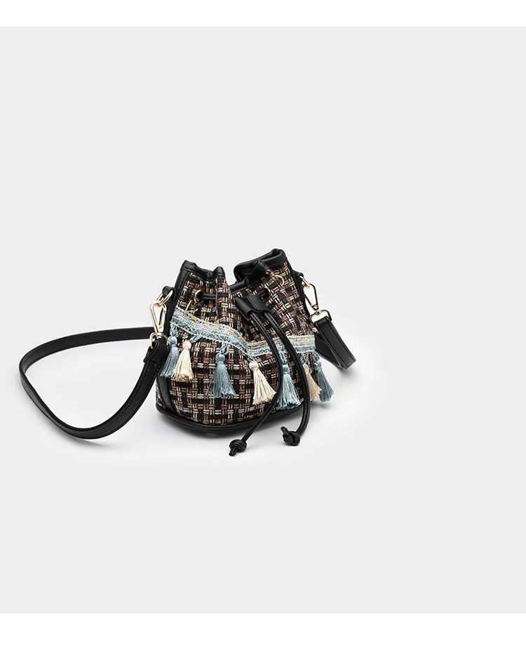 Luxury Brand Handbag Women's Bag Quilted tweed Busket bag Fashion Lady Bohemia Tassel Bags Female Drawstring Crossbody Bag Purse (22)
