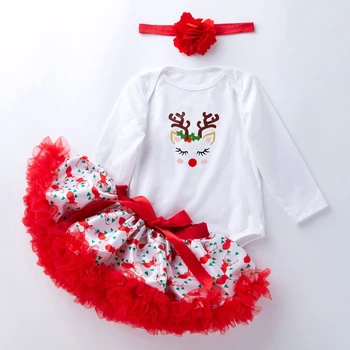 

LZH Christmas Children Dress 2020 New Girls Long Sleeved Cartoon Romper Mesh Puffyskirt Send Headwear Three-piece Baby Girl Suit