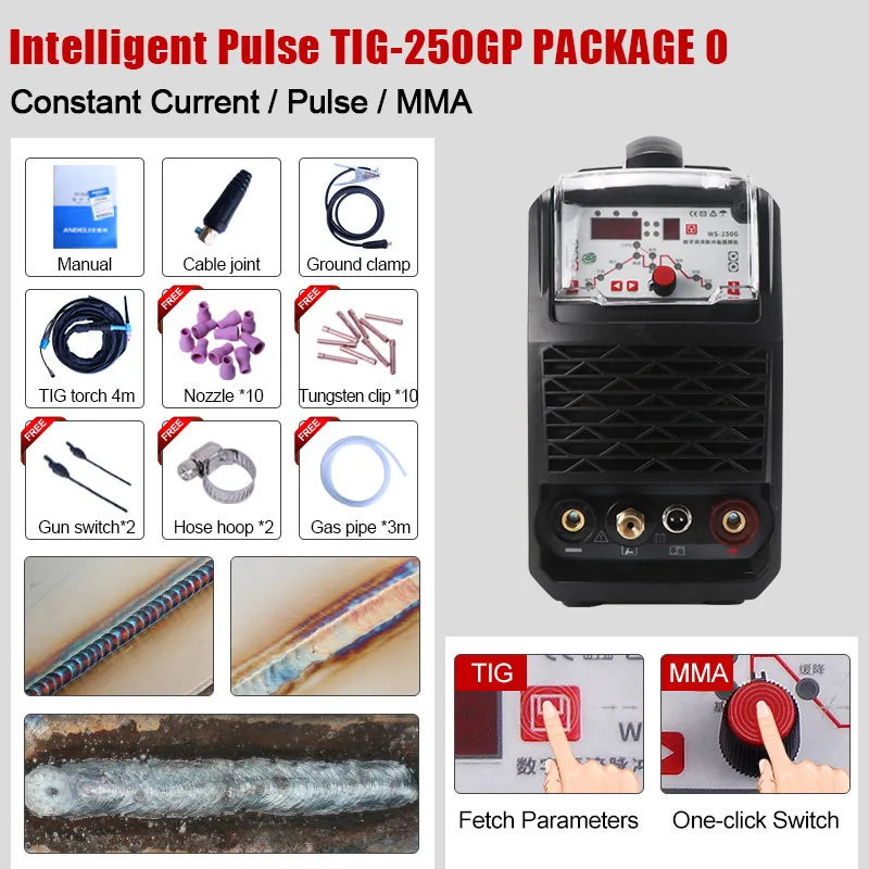 TIG-250GP PACKAGE 0 ANDELI умный портативный однофазный инвертор постоянного тока Импульсная Tig сварка точечная Сварка Tig сварочный аппарат Интеллектуальный Tig сварочный аппарат - Цвет: TIG-250GP PACKAGE 0