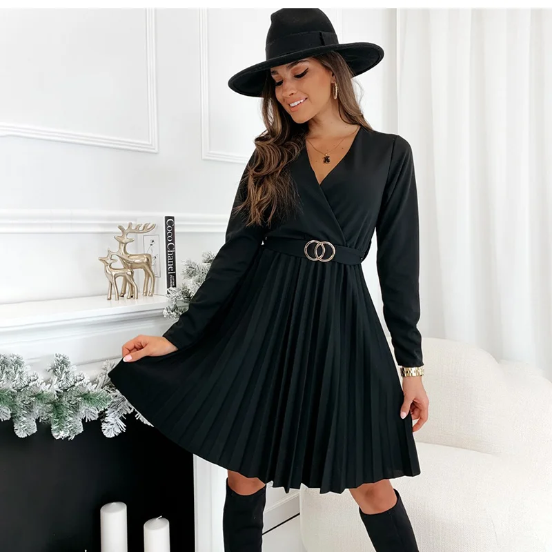 Autumn Winter Mini Black Dress Fashion Casual V-neck Long Sleeve Lace Up Pleated Elegant Green Dresses For Women Robe Femme New birthday dress