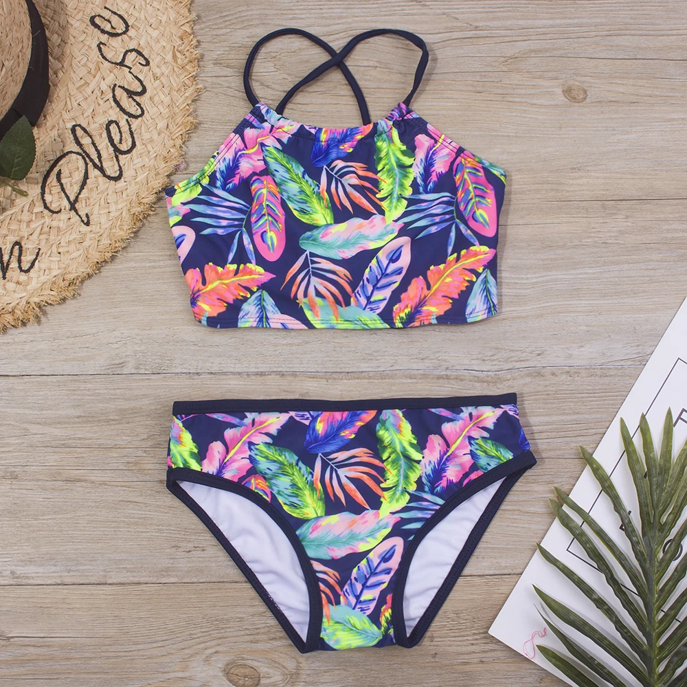 Feather Print Kids Girls Bikini Set 2021 New Bandage Children Swimsuit ...