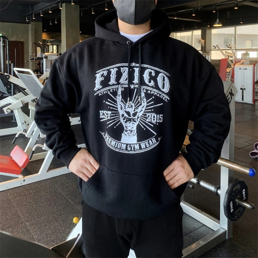 

Black 2021 New Men Fleece lined Bodybuilding HoodiesGym clothing Sweatshirt Long Sleeve Sportwear Fitness Pullover sweat coat