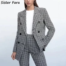 Sister Fara Spring Autumn Black White Plaid Blazer Women's Double Breasted Slim Blazer Jacket Coat Ladies Notched Casual Blazers