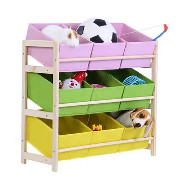 

3 Tier Toy Storage Rack Shelf Baby Toy Wooden Shelf Storage Rack Organizer with 9 Fabric Boxes Cases