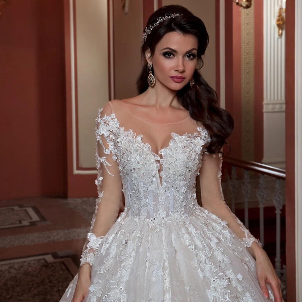 2019 великолепное бальное платье свадебное платье Vestidos Novias Boda с длинным рукавом и отделкой из бус расшитые блестками аппликации кружева