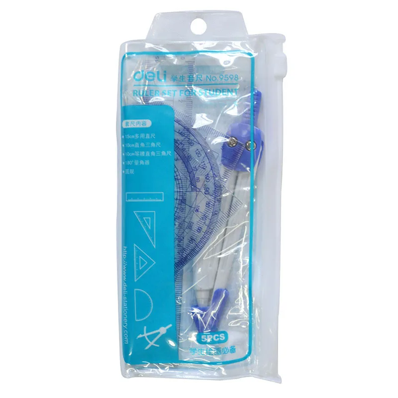 

[Students Ruler Sets] Deli 9598 Stationery Gauge Ruler Triangle Ruler Protractor Compasses Combination