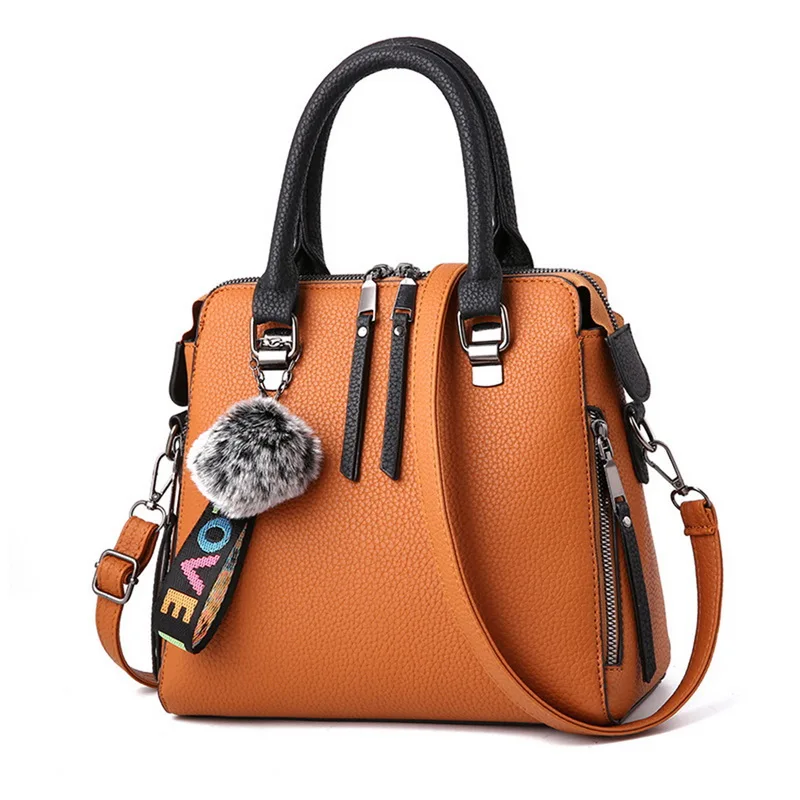 

SHUJIN 2020 PU Leather Women Bags Messenger Bag Fur Ball Crossbody Flap Bags Female Shoulder Bag Solid Color Handbags