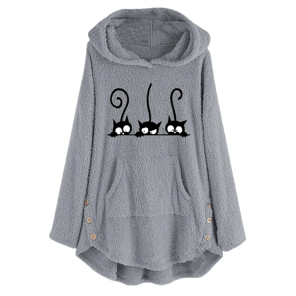 Флисовый свитер с вышивкой кота, большие размеры, теплая толстовка с пуговицами, длинный пуловер, женская зимняя теплая Толстовка С Карманами, 5XL# Y3