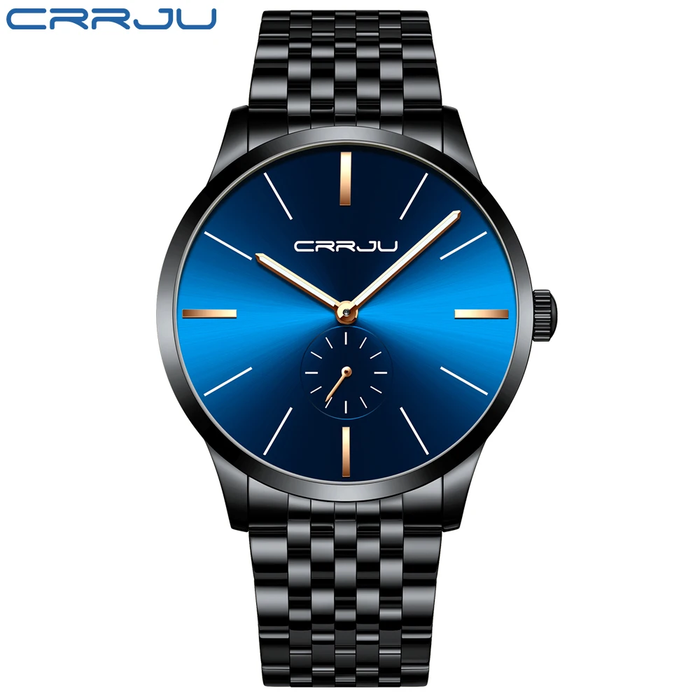 CRRJU часы мужские модные деловые часы мужские повседневные водонепроницаемые кварцевые наручные часы синие стальные часы Relogio Masculino - Цвет: Black blue rose