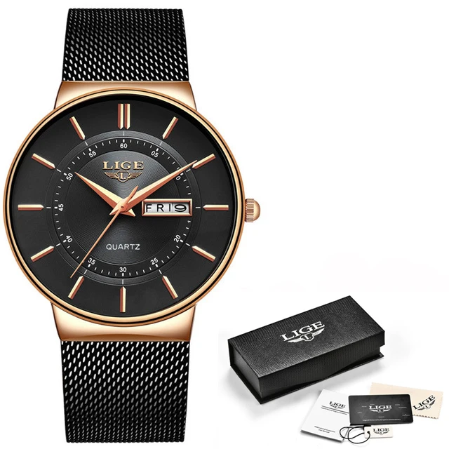 black rose gold LIGE для мужчин s часы лучший бренд класса люкс водонепроницаемые ультра тонкие Дата часы мужской стальной ремешок повседневные кварцевые часы для мужчин спортивные наручные часы - Цвет: black rose gold
