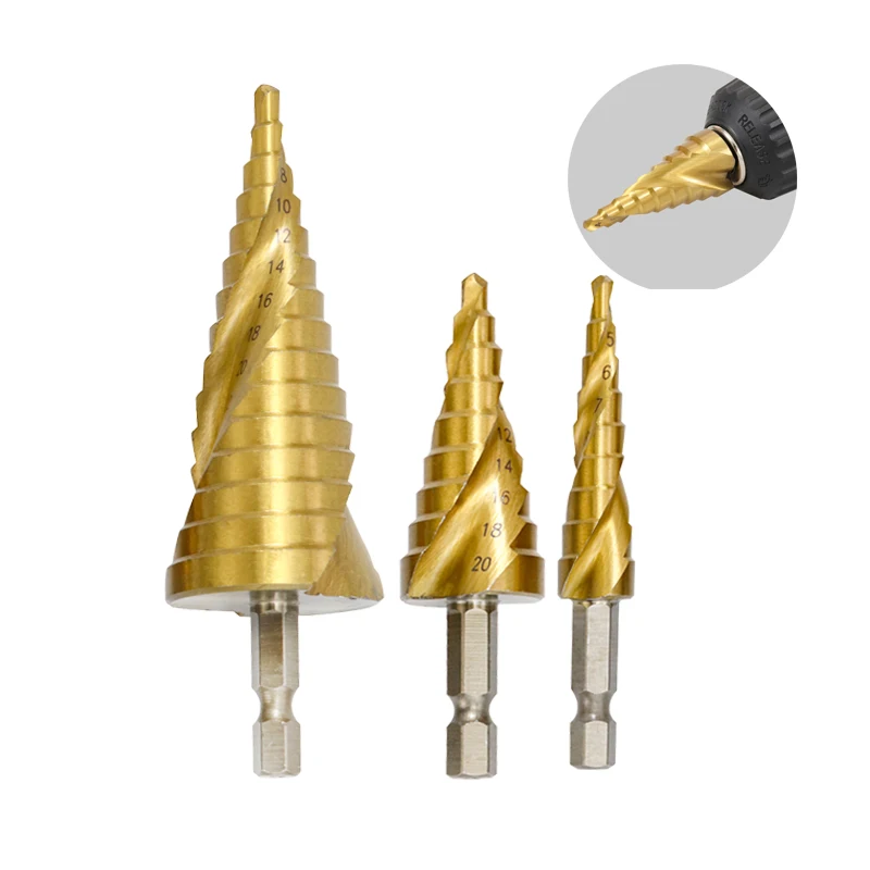 

Step Drill Bit 4-12/20/32mm Three-Piece Suit Hex HSS Titanium Coated Drill Bit Drilling Power Tools for Metal Steel Wood Hole