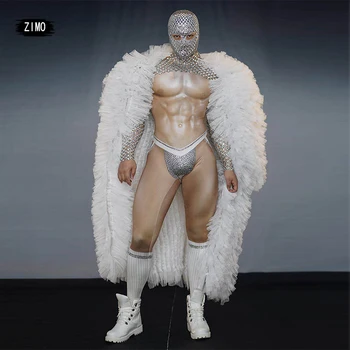 

Male Costume Sexy Lingerie Jumpsuit Clothes Adult Men stage dance drag queen costume rhinestone nightclub performance fur coat
