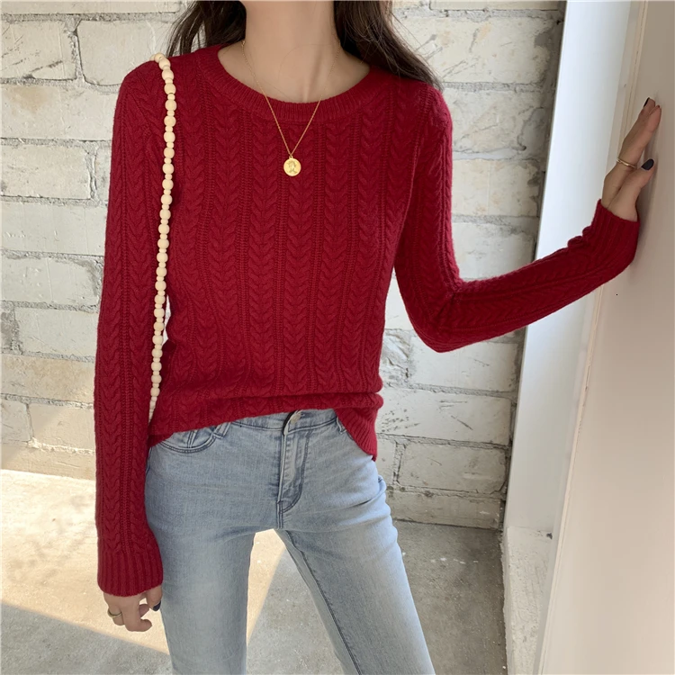 Knitted Sweater Woman Pullover Solid Color Candy Colors Basic Long Sleeves O-neck Jumpers