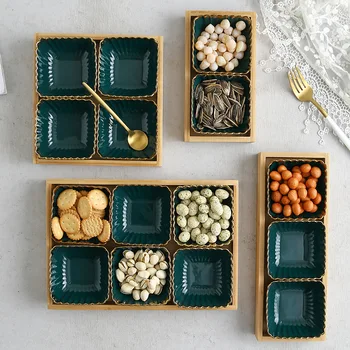 

Ceramic creative fruit plate dried fruit plate melon seeds candy dessert plate biscuit snack plate grid platter bamboo wood tray
