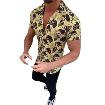 

Men's Casual Shirts New Leaf Print Bohemian Short Sleeve Large Size Shirt Top Summer Autumn Camisa Social Comfort Blouse#M