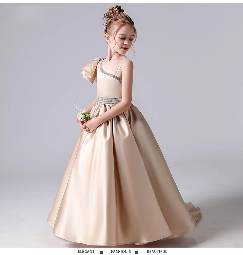 Dideyttawl Champagne Satin Ball Gown Flower Girl Dresses One Shoulder Girl Princess Wedding Party Dress