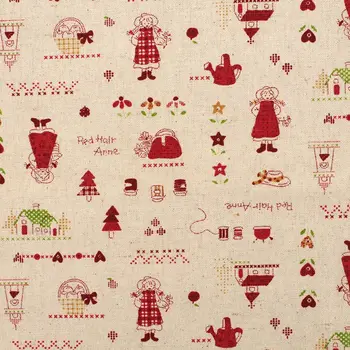 

1 yard Cotton Linen Fabric for sewing pathwork, bedding, handmaking - Girl, hourse, bag, flower and tree (width=140cm)
