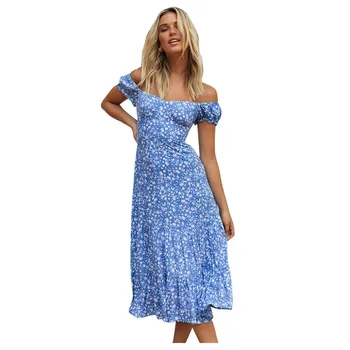 

Summer Blue Print Dress Fashion Women Clothes Single Shoulder Short Sleeve Broken Flowers Print Loose Beach Party Dress 2020 #C1