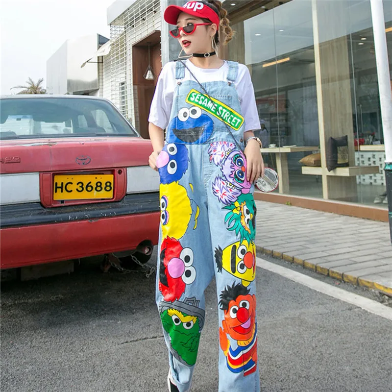 Summer Cartoon Denim Overalls Hip hop streetwear Graffiti print jean Jumpsuits Wide Leg Jean Pants For Women Loose Rompers Summer Cartoon Denim Overalls Hip hop streetwear Graffiti print jean Jumpsuits Wide Leg Jean Pants For Women Loose Rompers