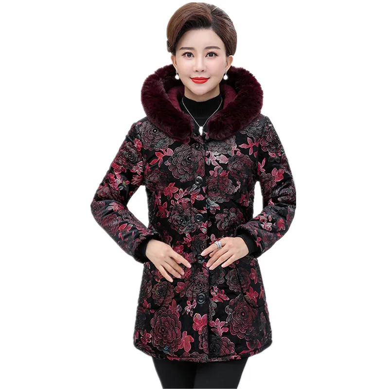 Новая женская зимняя куртка с принтом и меховым капюшоном, утолщенное теплое Женское пальто с подкладкой, верхняя одежда, парка, женская верхняя одежда