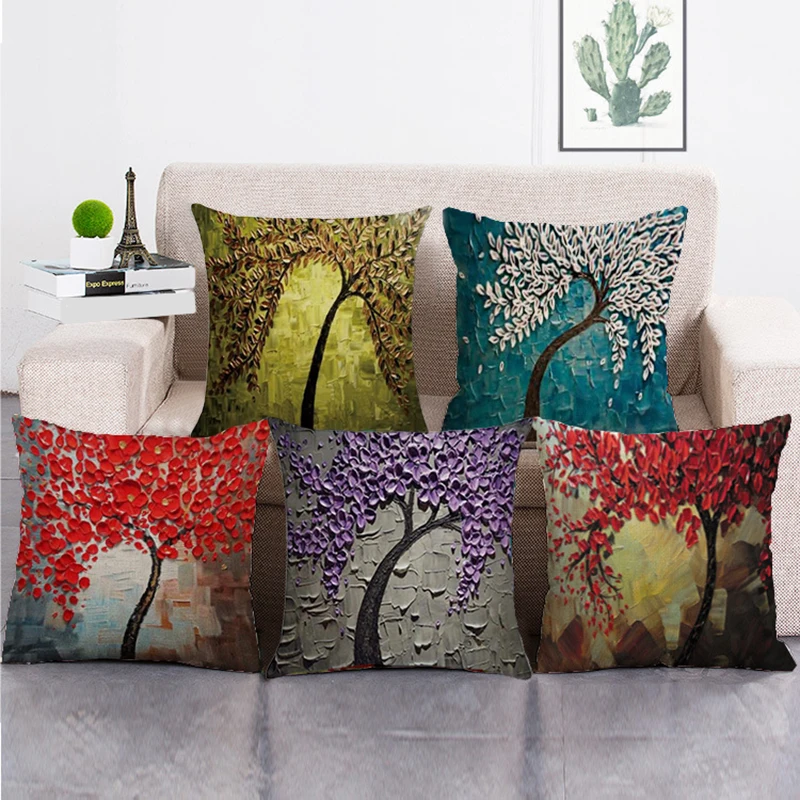 

2019 Fashion Three-dimensional Oil Painting Trees Flowers Cotton And Linen Cushion Pillowcase Car Waist Cushion Home Decoration
