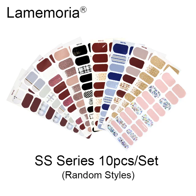 10/20pcs Full Cover Wraps Nail Polish Stickers Strips Plain Nail Art Decorations Stripe Designs Glitter Powder Manicure Tips SS-10pcs random