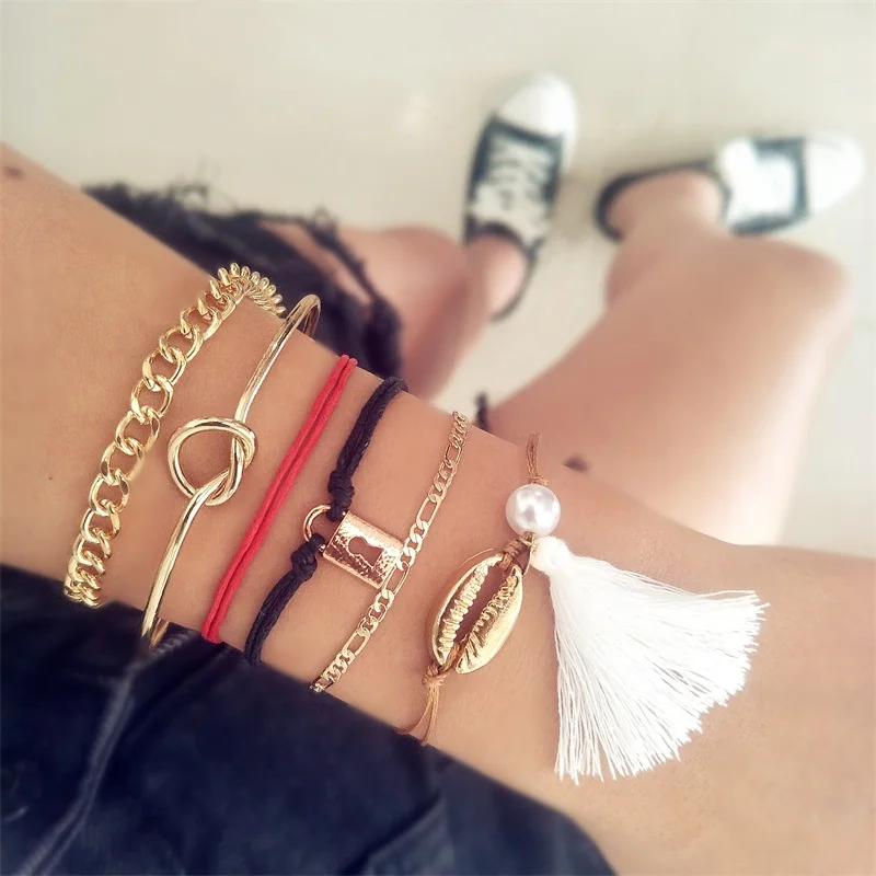 

6 Pcs/ Set Women Bracelets Set Boho Shell Knotted Key Pearl Tassel Chain Leather Opening Bracelet Lady Fashion Party Bangle