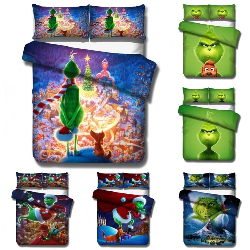 

Green Monster Grinch Stole Christmas Kids Bedding Sets Duvet Covers Pillowcases Comforter Cover Bed Linen for 1.2-2m Bed