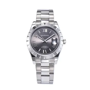 

Sapphire glass Parnis 39mm gray dial silver roman numerals date magnifier stainless band automatic movement men's watch