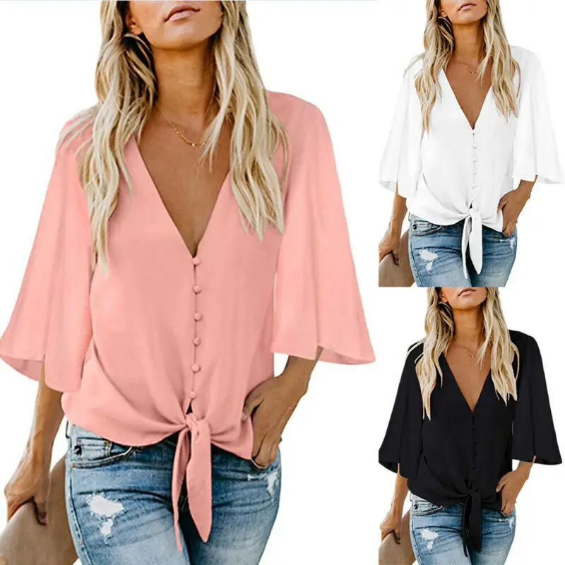 

3 Colors Plus Size Womens Solid White Loose V-neck Elegant OL Work T-Shirt Deep V-Neck Ruffle Sleeve Tunic Loose Top Blouse