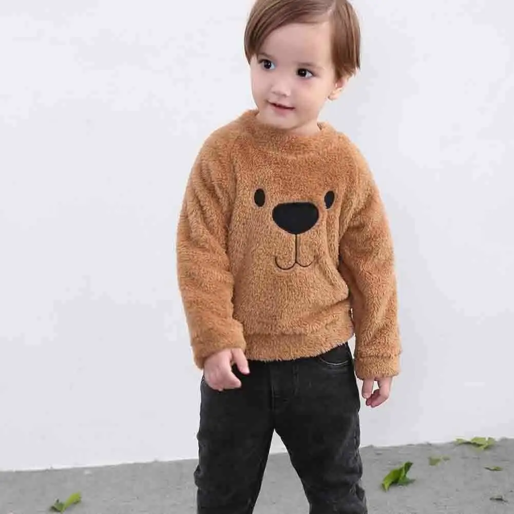 Kids Baby Girl Boy Fleece Top T Shirt Cartoon Animal Bear Thick Warm Autumn Winter Clothes Long Sleeve Toddler Blouse