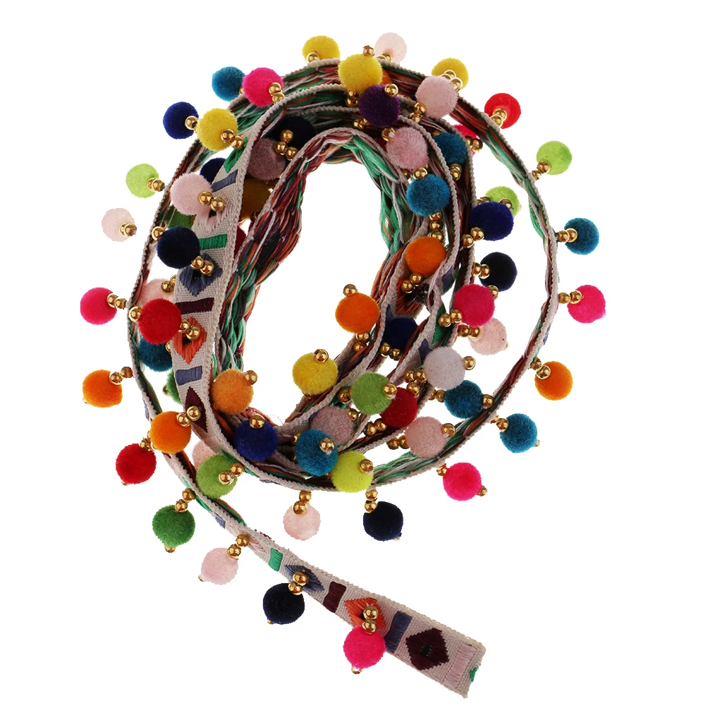 1 Yard Multicolored Ethnic Style Pompom Beads Fringe Tassel Braid Jacquard Ribbon DIY Sewing Fabric Craft Decorative Jewelry