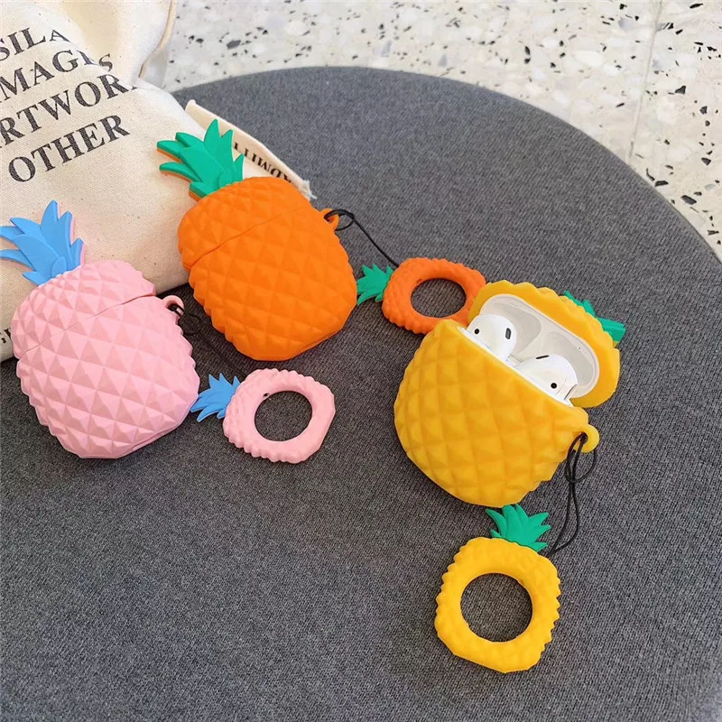

Earphone Silica gel Case For Apple Airpods Cute Cartoon Cover Air pods Case Fruit Pineapple Cover For Earpods Case Ring Strap