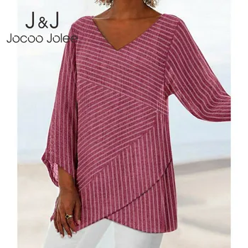 

Jocoo Jolee Spring Casual Long Sleeve V Neck Striped Blouse Women's Shirt Ladies Summer Cross Criss Tunic Linen Loose Tops