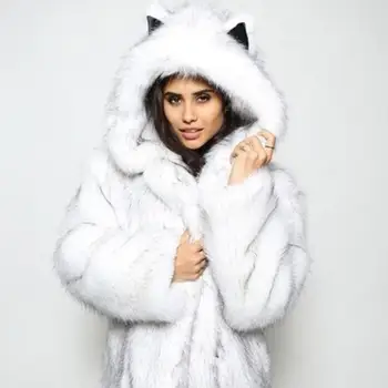 

Luxury Women Winter Long Sleeve Faux Fur Thick Ears Hood Plus Size Warm Coat