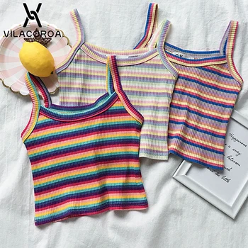 

Color Striped Tank Tops Women Sexy Cropped Tops Camisole Sleeveless Open Back Crop Top Ladies Skinny Shirt Summer Crop Top Women