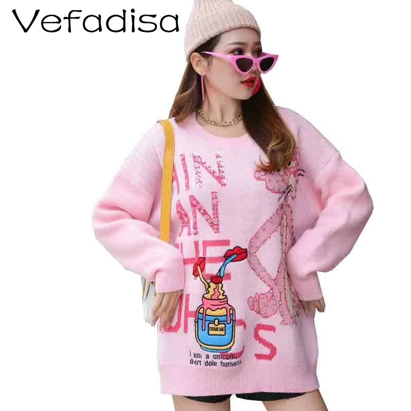 Vefadisa Women Pullovers Sweater 2020 Autumn Winter Cartoon Printed Knitted Pink Aprocit LHX158 | Женская одежда