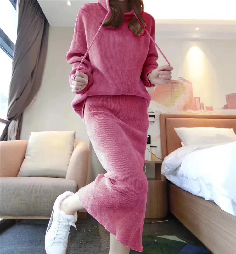 

women set European station spring and autumn new fashion hooded loose high quality suit skirt female two-piece