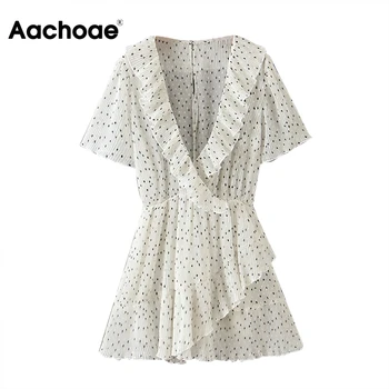 

Boho Style Polka Dot Ruffles Mini Dress Women Sexy Deep V Neck Summer Beach Dresses 2020 Short Sleeve A Line Casual Chic Dress